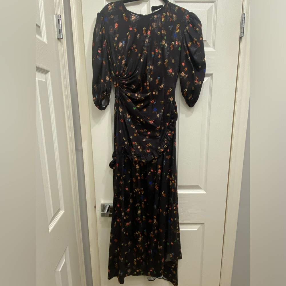 Preen by Thornton Bregazzi Black Floral Puff-Sleeve Maxi Dress - satin